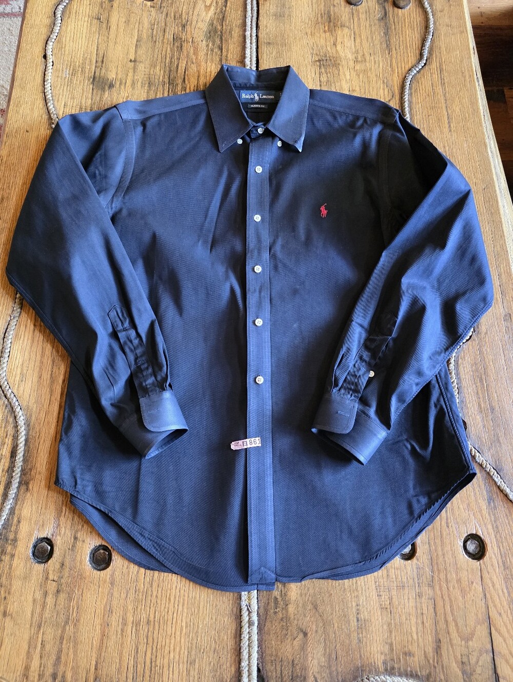 Ralph Lauren Navy Long-Sleeve Dress Shirt Cotton/ Silk Classic Fit Mens Large
